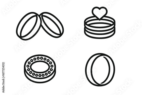 Wedding ring icon set. Outline icons of marriage bands, his and hers matching rings, engagement ring, stackable set with heart, and simple eternity band. Vector love symbol.