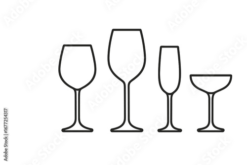 Wine and champagne glasses line icon set. Elegant glassware for restaurant menu, bar or party. Vector symbols of different glass shapes for red wine, cocktail, prosecco.