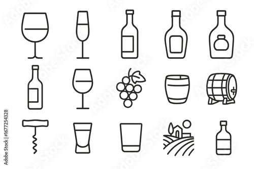 Wine and spirits line icon set. Alcohol, beverage and drink symbols. Vector collection of glass, bottle, grapes, barrel, vineyard and corkscrew for bar menu or winery.