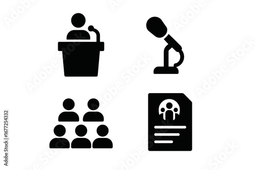Town Hall Icon Set, Solid Filled Vector Collection of Podium Speaker, Microphone, Audience Group, Agenda Document, and Community Emblem for Meeting and Public Speaking Concepts