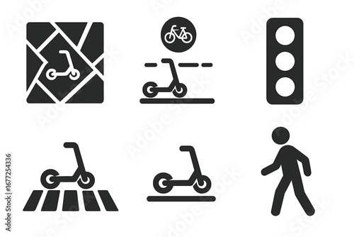 Urban scooter solid icon set. E-scooter sharing and traffic rules pictograms. City map route, bike lane, traffic light, pedestrian crosswalk, and walking person glyphs.