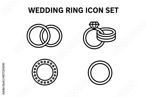 Wedding ring icon set. Outline pictogram collection of marriage and engagement symbols. Includes his and hers bands, stackable rings, diamond solitaire, and eternity band.