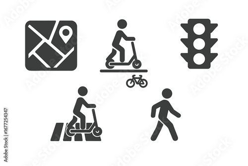 Urban scooter and pedestrian solid icon set. E-scooter rider, city map navigation, traffic light, and crosswalk symbols. Vector pictograms for micromobility and transport.