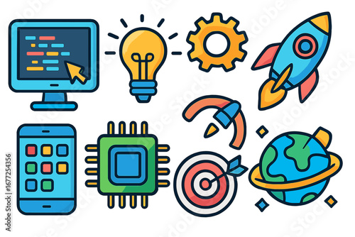 Public transportation and eco-friendly transport icons with modern urban environment symbols, daytime vector cartoon illustration with transparent background