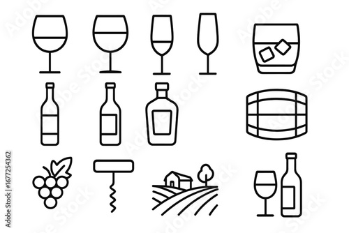 Wine and spirits line icon set. Alcohol, beverage and winemaking symbols. Vector collection of glass, bottle, grape, barrel, vineyard, and corkscrew outline illustrations.