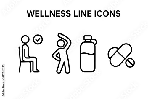 Wellness line icon set for healthy lifestyle. Ergonomics for correct sitting posture. Stretch exercise for fitness. Hydration bottle and vitamin pill supplements for well-being.