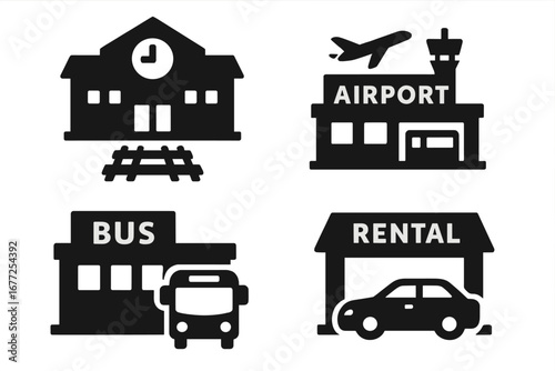 Urban mobility solid icon set. Public transport hubs collection with train station, airport terminal, bus depot, and car rental. Travel and transit vector pictogram symbols.