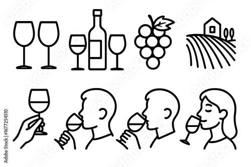 Wine tasting outline icon set with glass, bottle, grapes. Vector symbols of a winery, vineyard landscape. People drinking, sommelier degustation activity. Viticulture illustration.