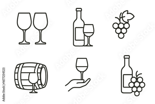 Wine tasting outline icon set. Minimalist vector graphic collection for winery, bar menu, and sommelier. Includes grapes, bottle, glass, and barrel symbols for elegant design.