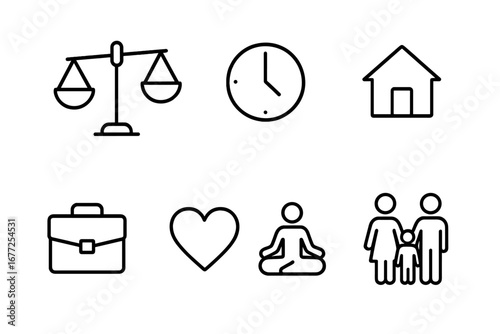 Work-life balance outline icon set. Vector icons for harmony between career and family. Business, time management, health, home, and love concepts. Mental health symbols.