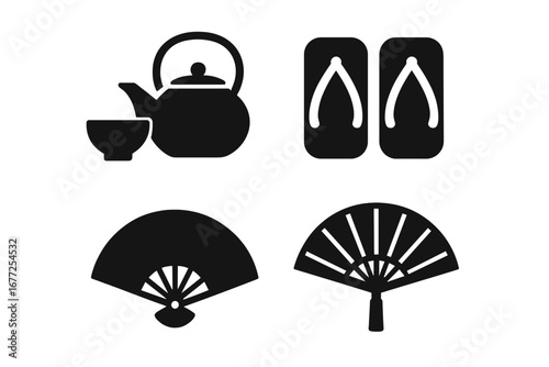 Traditional Japanese Culture Icons Set, Solid Filled Vector Illustrations of Tea Ceremony Set, Geta Sandals, Folding Fans, Japanese Heritage Symbols, Transparent Background
