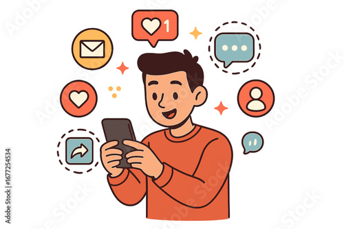 Young man using smartphone for social media. Digital communication concept. Person with mobile app for chatting, liking, sharing content. Online interaction vector illustration.
