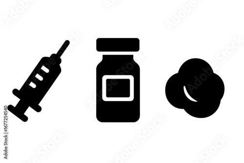 Vaccination tools solid glyph icon set. Syringe for injection, vaccine vial or bottle, and cotton ball. Medical immunization, flu shot, and healthcare procedure concept vector.