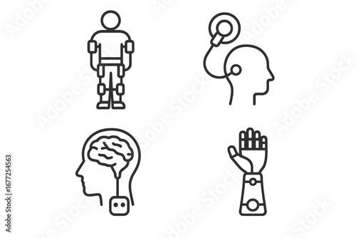 Neuroprosthetics outline icon set. Robotic exoskeleton, cochlear implant, brain-computer interface, bionic hand. Medical technology, rehabilitation, human augmentation vector.