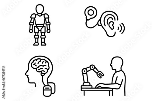 Neuroprosthetics and bionics outline icon set. Robotic exoskeleton, cochlear implant, brain computer interface, artificial limb. Medical technology for rehabilitation and human enhancement.
