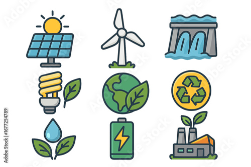 Renewable energy icons representing diverse sustainable power sources and eco-friendly technologies promoting environmental conservation. Vector cartoon illustration