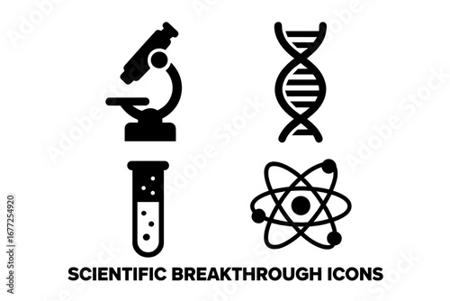 Science icon set. Scientific breakthrough symbols. Research, discovery, experiment. Microscope, DNA, test tube, atom. Biology, chemistry, physics. Vector glyphs for lab analysis.