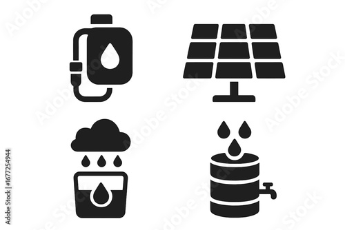 Urban survival gear icon set. Off-grid living, emergency preparedness kit. Water purifier, solar panel, rainwater harvesting and storage. Solid vector glyph icons collection.