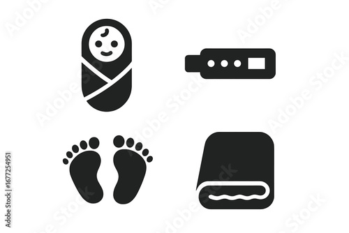Newborn baby solid glyph icon set. Vector symbols for infant, childbirth, and baby shower. Includes swaddled infant, hospital ID bracelet, tiny footprints, and soft blanket.