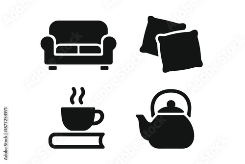 Cozy home comfort and relaxation solid icon set. Vector glyphs of armchair, pillows, tea on book, and teapot. Concept of hygge lifestyle, reading, and weekend leisure at home.
