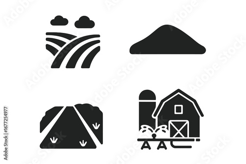 Solid filled vector terrain icons set, farmland landscape with hill, dirt road, barn with silo, irrigation system, agricultural environment illustrations on transparent background