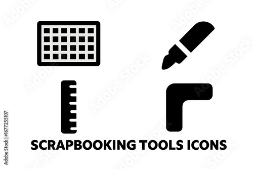 Solid Scrapbooking Tools Icons, Cutting Mat, Craft Knife, Ruler, Embossing Tool, Corner Cutter Vector Set for Crafting, DIY Scrapbook Design Elements
