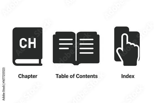 Textbook Organization Icons Set with Chapter, Table of Contents, and Index Finger Tab Symbols, Solid Filled Vector Illustration for Educational and Book Design