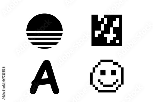 Set of 4 niche meme icons. Vaporwave synthwave sunset, pixel art emoji, low-res glitch graphic, comic sans typography. Retro 90s internet culture. Y2K aesthetic vector.