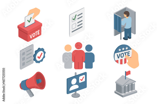 Isometric Voting and Election Icons Set, Ballot Casting, Polling Booth, Civic Engagement Symbols, Voter Badge, Megaphone Campaign, Government Building Vector Illustration
