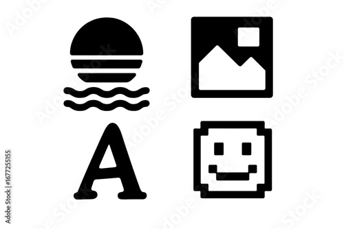 Niche internet meme icons solid glyph set. Vaporwave sunset over water, low-res picture, pixelated emoji face, comic sans font letter A. Vector graphics for web design.