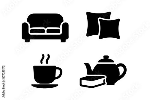 Cozy night at home icon set. Solid glyphs for relaxation and comfort. Vector symbols of sofa, pillows, hot tea or coffee cup, book and kettle for reading and leisure.