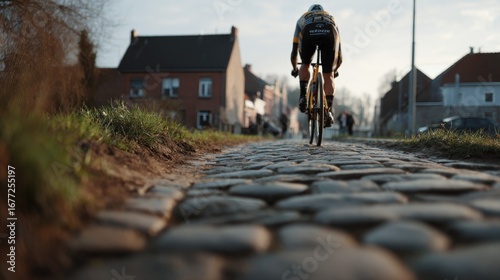 Professional Rider Competing in Tour of Flanders on Historic Village Road