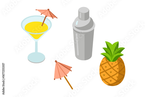 Isometric Flat Seaside Cocktail Icon Set with Tropical Pineapple, Cocktail Shaker, Umbrella Garnish, Refreshing Drink Glass, Summer Party Vector Illustration