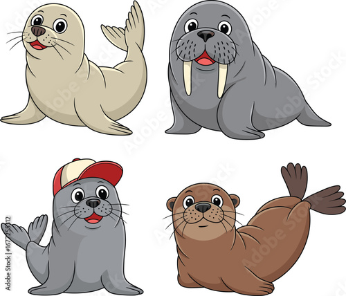 Cartoon seals, walrus, and sea lion — cheerful marine animals with expressive faces for kids’ ocean, zoo, or educational themes