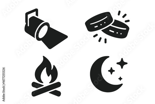 Night festival solid glyph icon set. Stage spotlight, glowing wristbands, campfire, moon and stars. Outdoor concert and music event symbols for party, rave or celebration.