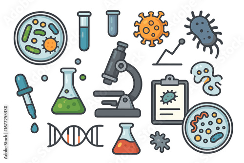 Scientific Tools and Symbols Representing Microbiology and Laboratory Research Processes, Vector Cartoon Illustration with Transparent Background, Microscopes, Petri Dishes, DNA, Bacteria, Virus