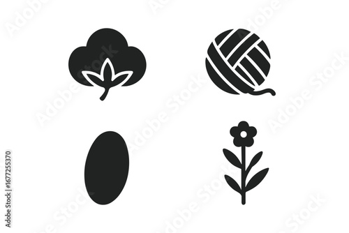 Textile Raw Materials Icons Set, Solid Filled Vector Illustrations of Cotton Boll, Wool Yarn Ball, Silk Cocoon, Flax Plant, Natural Fibers, Fabric Elements Transparent Background