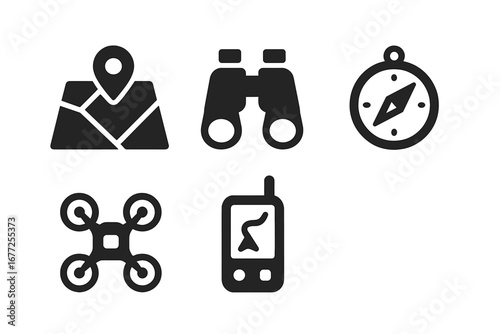 Urban survival solid glyph icon set. Rooftop navigation and exploration concept. Includes map with pin, binoculars for search, compass, drone for surveillance and GPS device.