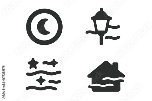 Night haze icons solid filled vector set of 4 with moon halo, foggy lamp post, distant stars, rooftop silhouette, atmospheric night effects, transparent background
