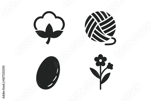 Solid Textile Raw Materials Icons Set - Cotton Boll, Wool Ball, Silk Cocoon, Flax Plant Vector Illustration on Transparent Background for Fabric and Fiber Design