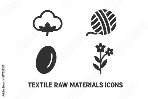Textile Raw Materials Vector Icons Set, Solid Filled Cotton Boll, Wool Yarn Ball, Silk Cocoon, Flax Plant Illustration, Natural Fibers, Fabric Sources, Transparent Background