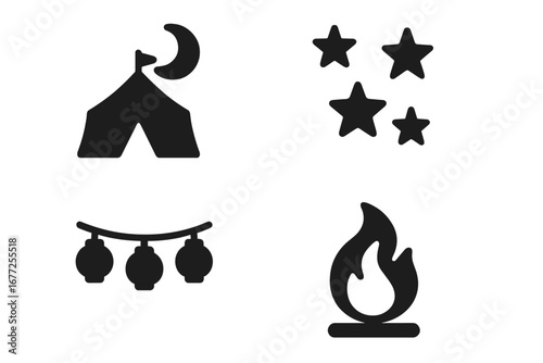 Nighttime Circus Icons Vector Set, Solid Filled Design with Moon Above Tent, Glowing Stars, Lantern Lights and Warm Campfire Illustration, Transparent Background