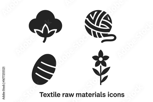 Solid filled vector icons of textile raw materials including cotton boll, wool yarn ball, silk cocoon, and flax plant illustration on transparent background
