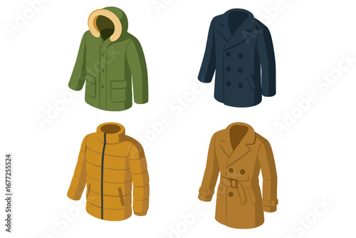 Winter Coat Icon Set, Isometric Flat Illustration of Warm Outerwear Collection Including Parka, Pea Coat, Puffer Jacket, Trench Coat, Wool Texture, Vector Design Transparent
