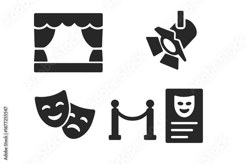 Classic Theater Icon Set with Stage Curtain, Spotlight, Comedy and Tragedy Masks, Playbill, Velvet Rope Barrier, Opera and Drama Symbols, Vector Illustration