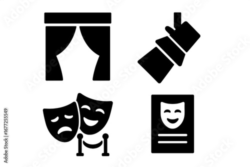 Classic Theater Icon Set, Solid Filled Vector Illustrations of Stage Curtain, Spotlight, Comedy and Tragedy Masks, Playbill, Velvet Rope Barrier, Opera and Drama Symbols