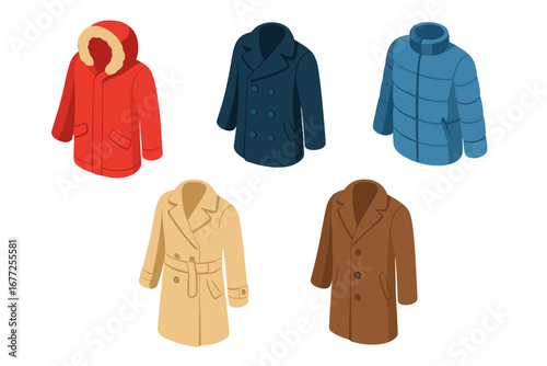 Winter Coat Icon Set, Isometric Flat Vector Collection of Warm Outerwear Styles Including Parka, Pea Coat, Puffer Jacket, Trench Coat, Wool Overcoat, Fashion Illustration
