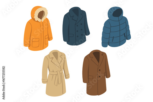 Isometric Winter Coat Icon Set, Flat Vector Collection of Warm Outerwear Including Parka with Fur Hood, Double-Breasted Pea Coat, Puffer Jacket, Belted Trench Coat, Wool Overcoat