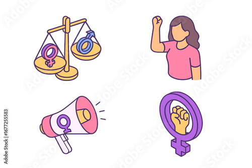 Women's Rights Isometric Icons Set – Gender Equality, Female Empowerment, Feminist Advocacy, Feminism Symbols, Social Justice, Activism, Protest, Equity Vector Illustration on Transparent Background