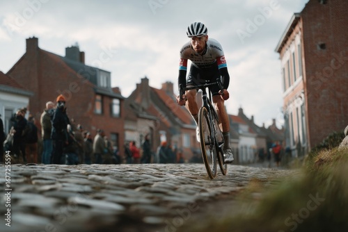 Cyclist Racing on Cobblestone Path during Tour of Flanders